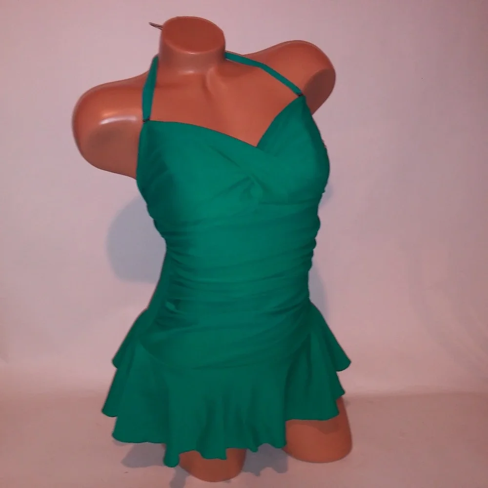 Shore Shapes One Piece Swim Size 10 Teal Solid Ruffle Lightly Lined Wireless